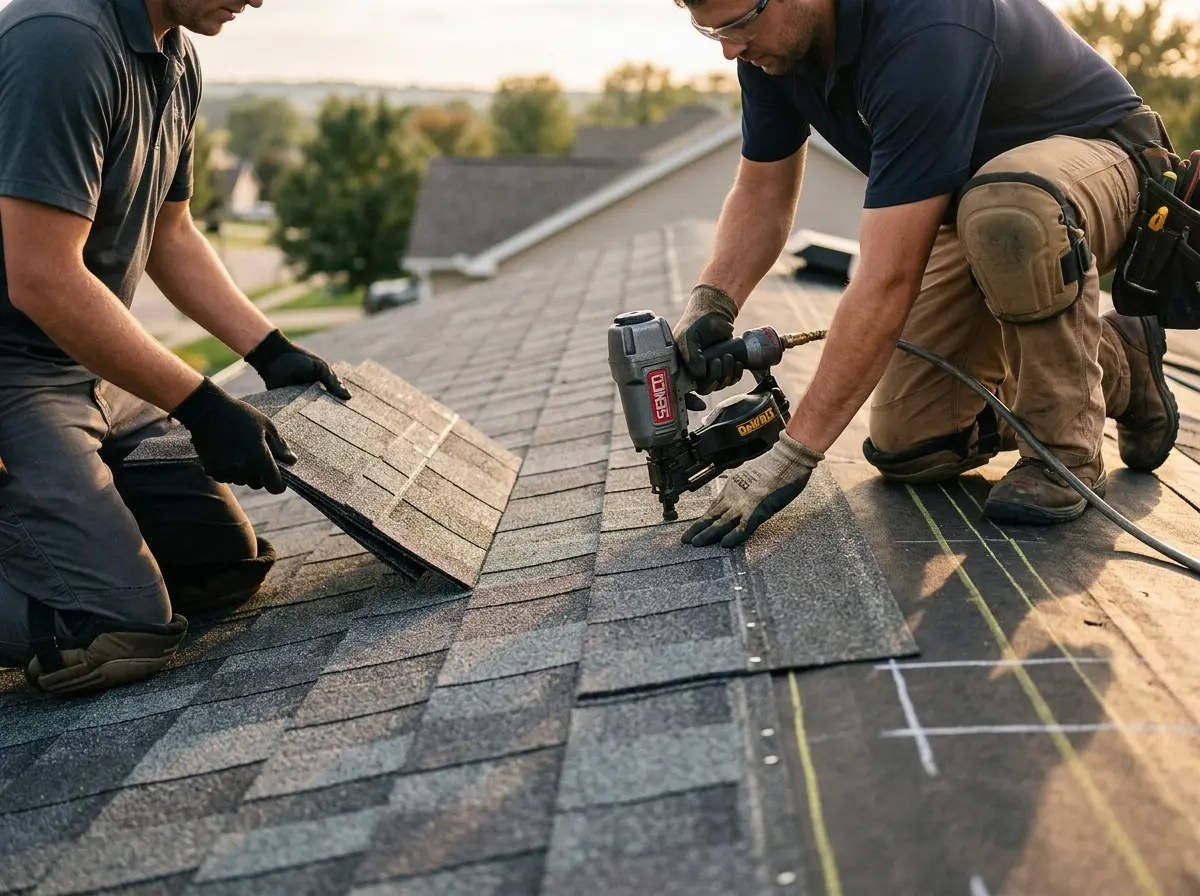 Professional roofer working on a residential roof in Fircrest